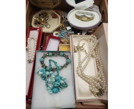 Simulated three string pearl necklace and other costume jewellery, an Accurist lady's wrist watch etc 