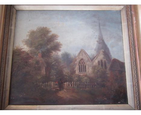 English School (later 19th Century) figures by a church gate, oil on canvas, 28 x 33 