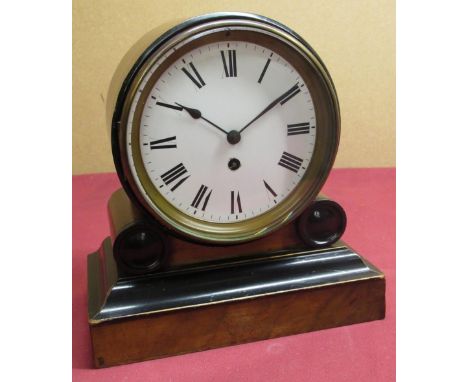 Late Victorian mantel time piece, walnut and ebonised drum head case on stepped plinth, white enamel dial with Roman numeral,