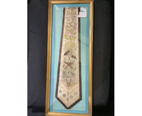 Early 20th C Oriental embroidered silk sash decorated with peacocks, lotus flowers and cranes, framed 