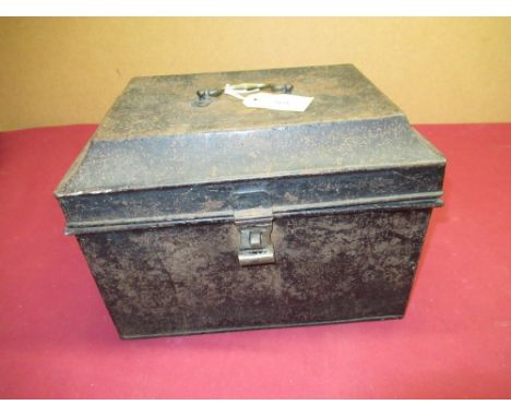 Black jappaned caddy top metal deed box with brass swan necked handle, W35cm D24cm H25cm 