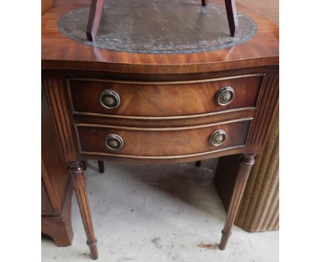 Geo.III style mahogany lamp table, with leather inset serpentine square top with two serpentine drawers on slender fluted sup
