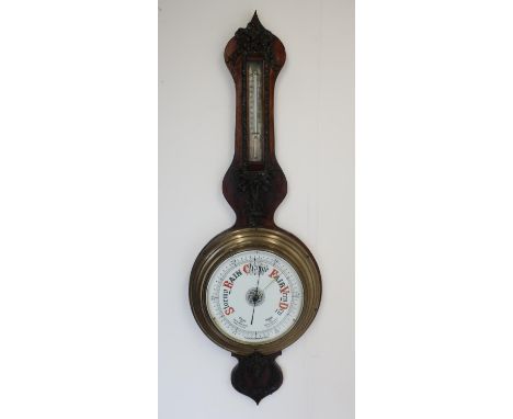 Large Victorian aneroid wheel barometer and thermometer, 25cm circular dial with brass bezel, 25cm thermometer with silvered 