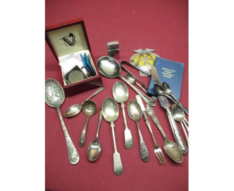 Collection of various silver and silver plated spoons including a presentation spoon for the 1964 Hurst Cup awarded to G Poll