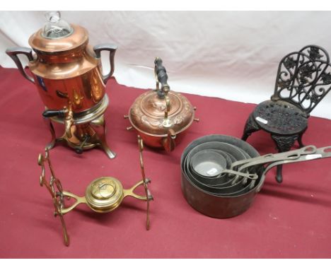Art Nouveau style copper spirit kettle on gimbaled brass stand, a copper spirit fired percolator, six graduated brass pans an