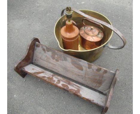 A large Victorian brass jam pan with steel handle  (diameter 32cm), a small Victorian stamped on base 3P copper kettle, an or