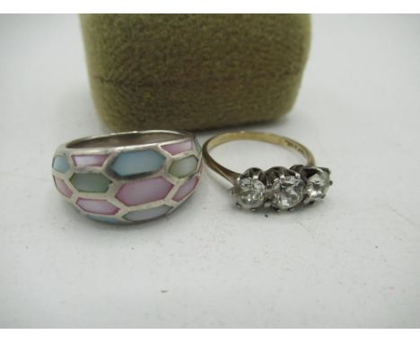 9ct gold and silver three stone spinel ring, stamped 9ct sil and a silver and enamel half hoop ring, stamped 925 