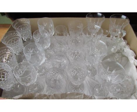 Collection of Stuart Crystal and other glassware including two decanters, wine glasses, tumblers, etc and a small decanter in
