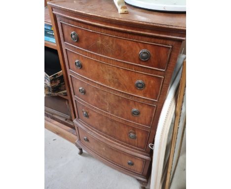 Bevan Funnell reproduction small tallboy bowfront chest of five drawers, with brass ring handles on shell carved cabriole leg