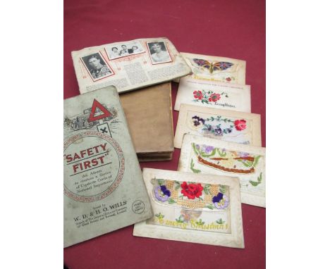 WWI silk greetings card "Always Merry" decorated with butterfly with Union Jack wings, four other similar period silk greetin