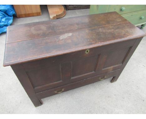 C19th oak mule chest with three panel front above a single drawer W112cm x D47cm x H75cm 