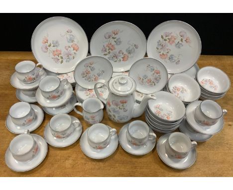 A Denby stoneware Sweet Pea pattern dinner set inc dinner and side plates, bowls, cups, saucers. coffee pot etc 