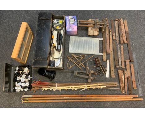 Tools - a Record No 52.5 vice; others iron fence stays, window opening poles, cast iron hinge straps, wooden tool box, etc qt