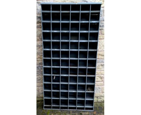 Industrial Salvage  -a vintage mid 20th century metal pigeon hole storage shelf unit, 182cm high, 90cm wide, 30cm deep 