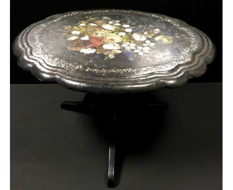 A tilt-top occasional table, papier-mâché top, floral decoration inlaid with mother of Pearl, associated column and legs. 