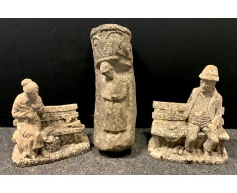 A pair of reconstituted stone figures seated upon benches;  a figural wall pocket/corbel, 57cm high (3) 