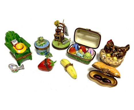 Limoges hand painted trinket boxes including a hen on a nest; '6 oeufs frais'; frog on a lily pad with frog; garden chair wit