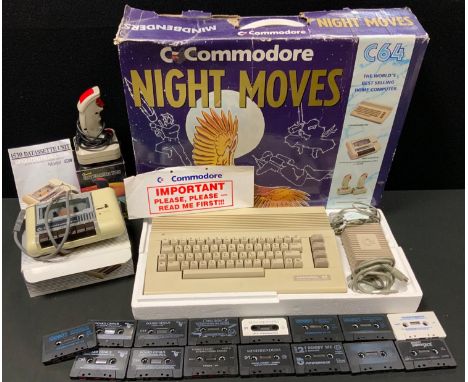 Vintage Computing - a Commodore 64 Night Moves computer, data cassette, cheetah Exterminator joy stick; games inc Ghostbuster
