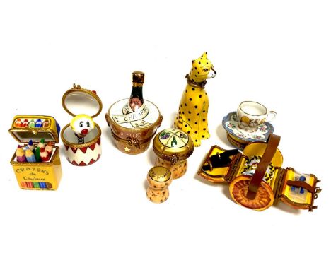 Limoges hand painted trinket boxes including a millennium champagne bucket &amp; bottle; champagne cork with smaller cork; pi