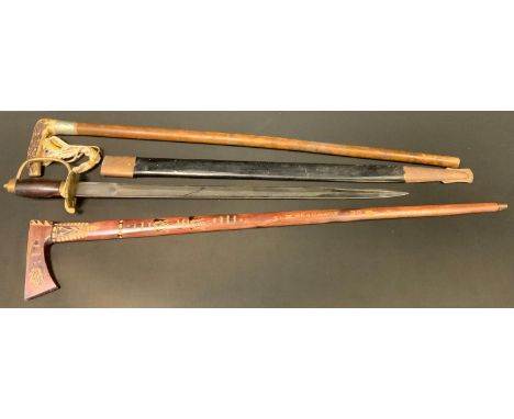 An Indian dress sword; horn handled walking stick, etc 