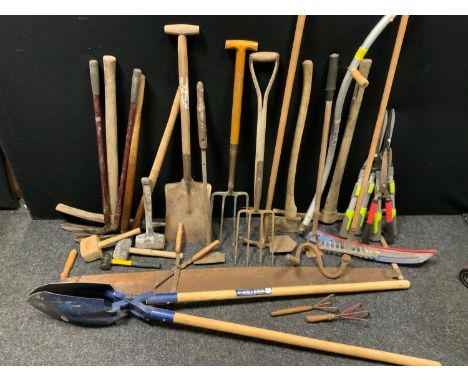 Tools - post hole tool; two handled wood saw; pick axes; axes; scythe, etc 