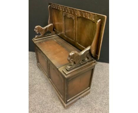 A dark oak Monk's bench, 100cm long, 42.5cm deep, 73.5cm high 