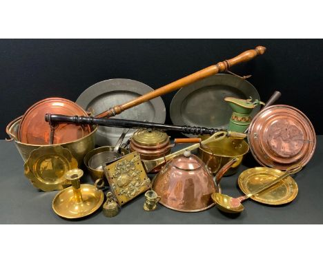 Metalware - a pair of pewter oval platters, copper Arts &amp; crafts kettle, jam pan, chamber stick, saucepans etc 