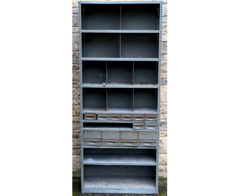 Industrial Salvage  -a vintage mid 20th century metal pigeon hole and drawered storage shelf unit, with twelve movable drawer