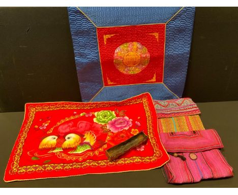 Textiles - a Nepalese traditional woven bag; another; Japanese panel, etc 