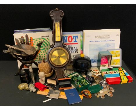 Boxes &amp; Objects - an oak aneroid barometer;  tribal bowl and stand,  stone busts, marbles, retro ice bucket, cufflinks, c