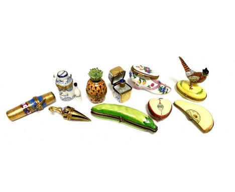 Limoges hand painted trinket boxes including a milk churn with milk bottle, pheasant, pineapple, parasol, pear, apple, perfum