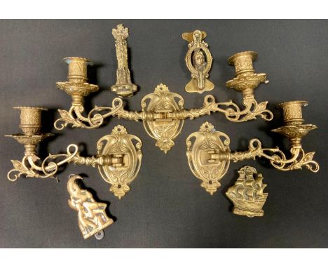 A pair of brass single branch wall sconces; another, 2 branch; Mr. Punch door knocker, etc 