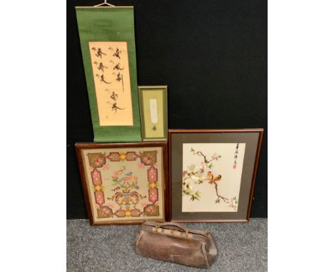 A leather Gladstone bag;  oriental needlework panel, birds perched on a branch; scroll etc 
