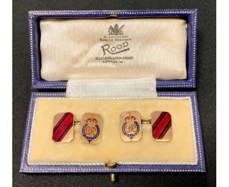 A pair of 9ct gold &amp; enamel Life Guards regimental cufflinks, engraved to rear G.O.R.19.5.49, C &amp; F, Birmingham, 1948