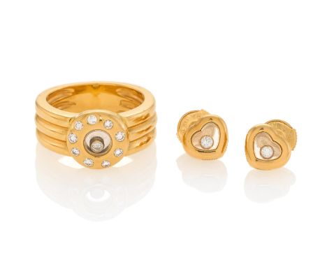 HAPPY DIAMONDS. DIAMANT-SET: RING UND OHRSTECKER. Datierung: 1999. Material: 750/- Gelbgold, Punze, getestet. Gesamtgewicht: 