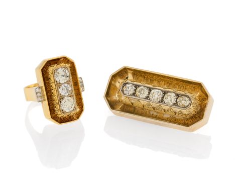 DIAMANT-SET: RING UND BROSCHE. Material: 585/- Gelbgold, Punze, getestet. Gesamtgewicht: ca. 31,0 g. EU-RM: 59. Maße: Brosche