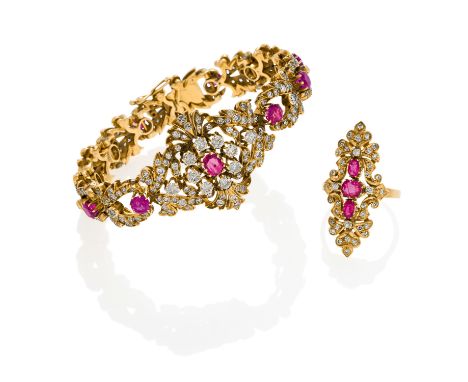 RUBIN-DIAMANT-SET: ARMBAND UND RING. Herkunft: Wohl Deutschland. Datierung: 2. Hälfte 20. Jh. Material: 585/- Rotgold, Punze 