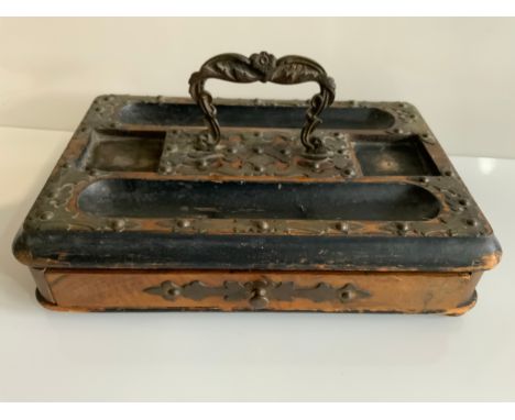 Wooden Desk Stand with Brass Detail, Drawer and Button Feet 