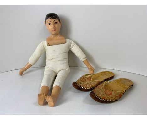 Vintage Doll and Pair of Oriental Slippers 
