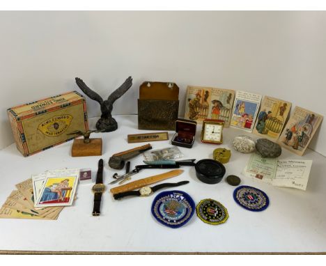 Collectables - Vintage Postcards, FBI Cloth Badges, Watch and Pipe etc 