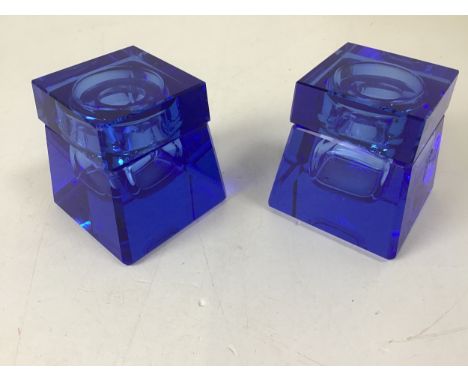 Pair of Vintage Blue Glass Inkwells - Nibbles to Rim 