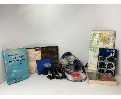 Vintage Pilots Headphones Navigational Aids, Jeppesen CR Computer Handbook and Maps etc 