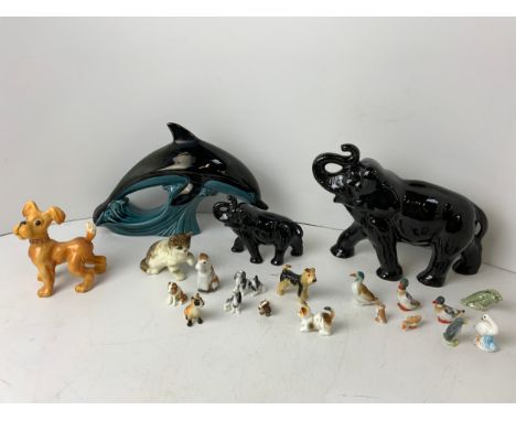 Collection of Animal Ornaments to Include Poole Dolphin, Sylvac Elephants and Beswick Dog 
