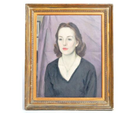 Clifford Hall (1904-1973) - An oil on canvas portrait painting depicting a seated lady with a purple sheet backdrop. Signed t