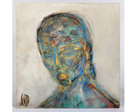 A 20th Century Contemporary acrylic on canvas abstract portrait painting depicting a stylized head and shoulders. Signed to t