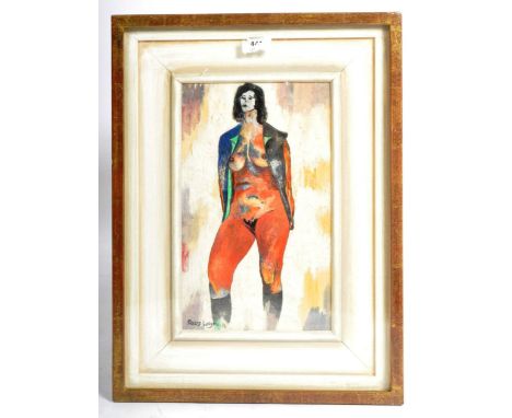 Renos Loizou (Greek, 1948-2013) - 'Nude With A Waistcoat' - A mixed media on handmade paper abstract portrait painting depict