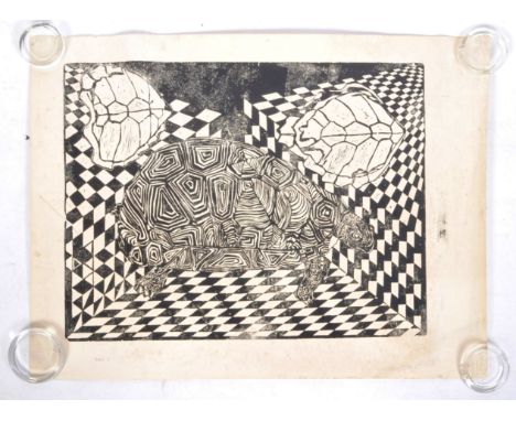 Renos Loizou (Greek, 1948-2013) - Tortoise - A one off linocut black and white print depicting a tortoise with a checkered ba