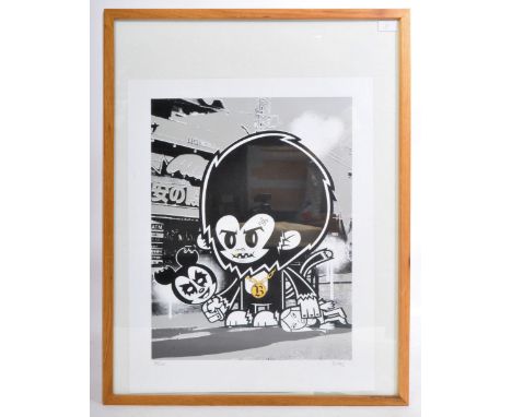 Blinky - A limited edition signed coloured print depicting a cartoon monkey with graffiti style artwork to background. Number