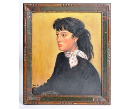 Mary Langdon Edis, Lady Bennett (English b. 1881-1976) - "Jackie" - An oil on canvas portrait painting of a young woman, half
