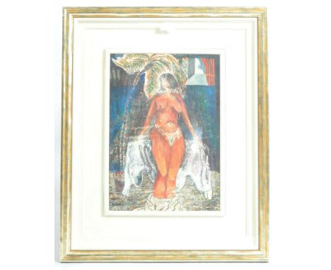 Renos Loizou (Greek, 1948-2013) - A mixed media on handmade paper abstract portrait painting depicting a nude stylized women 